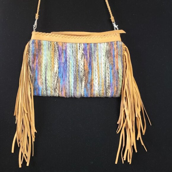2 Chic Luxe Boho Fringe Crossbody Bag Wool Blend Suede Trim 11"x8" - Picture 1 of 12